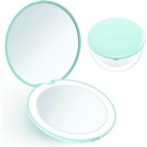HD pliant avec lumiere compacte ronde led miroir cosmetique modele de batterie double face 10X miroir de poche grossissant,Couleur: 10x Magnification Mint Green goodnice