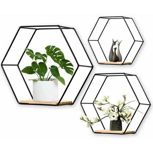Etagere murale,Lot de 3 etageres murales hexagonales en metal et bois - Pour etagere de cuisine, salle de bain, chambre a coucher, decoration murale (noir), Profitez d'un beau week-end dans une piece pleine d'esthetique. goodnice
