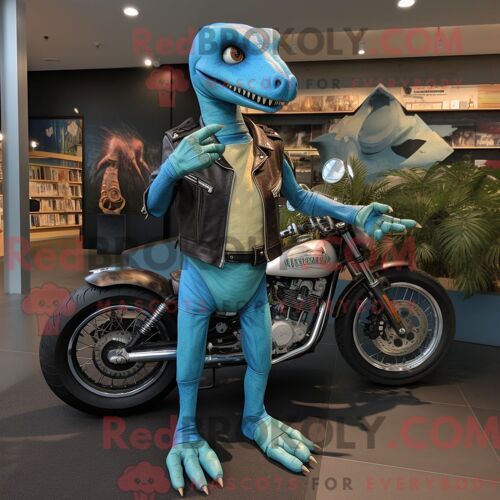 Costume Mascotte Redbrokoly De Coelophysis Turquoise Habillé D Une Veste De Moto Et De Bretelles