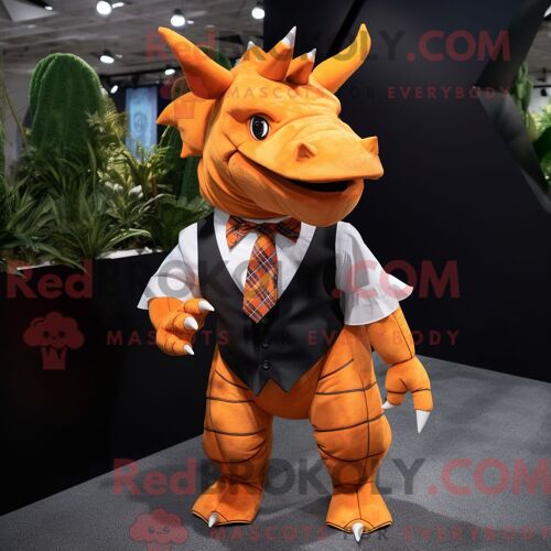 Costume De Mascotte Redbrokoly De Triceratops Orange Personnage Habillé D Une Chemise Oxford Et D Épingles À Cravate