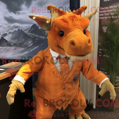 Costume De Mascotte Redbrokoly De Triceratops Orange Personnage Habillé D Une Chemise Oxford Et D Épingles À Cravate