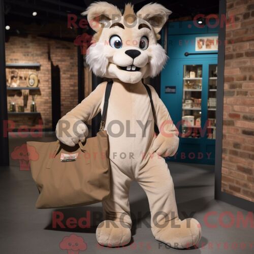 Personnage Mascotte Redbrokoly D Un Lynx Beige Habillé D Une Salopette Et De Tote Bag