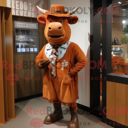 Costume De Mascotte Redbrokoly Rust Beef Wellington Habillé Avec Une Chemise Oxford Et Des Montres