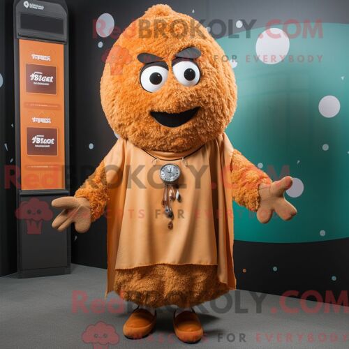 Costume Mascotte Redbrokoly De Falafel Rouille Personnage Habillé D Un Manteau Et De Boucles D Oreilles