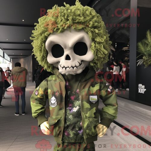 Personnage Mascotte Redbrokoly D Un Crâne D Olive Habillé D Un Coupe-Vent Et De Pinces À Cheveux