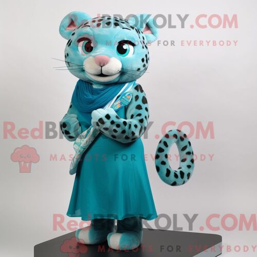 Personnage Mascotte Redbrokoly D Un Léopard Bleu Sarcelle Habillé D Une Jupe Crayon Et D Écharpes