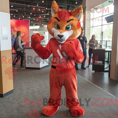 Personnage Mascotte Redbrokoly D Un Lynx Rouge Habillé D Un Jean Skinny Et De Ceintures De Smoking
