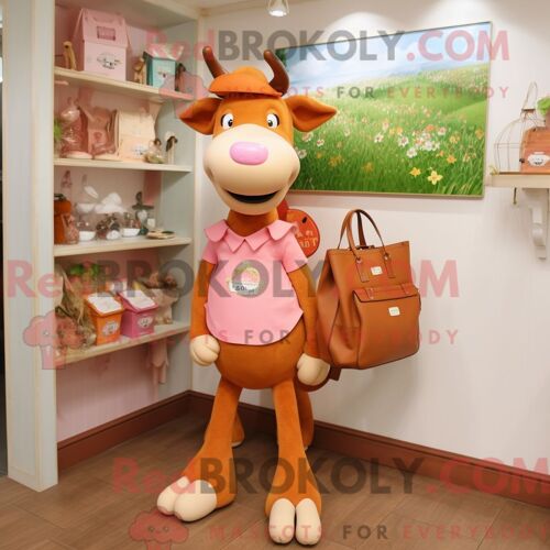 Personnage Mascotte Redbrokoly D Une Vache En Jersey Beige Habillée D Une Robe Droite Et De Ceintures