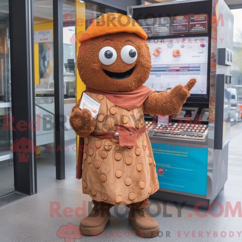Costume Mascotte Redbrokoly De Falafel Rouille Personnage Habillé D Un Manteau Et De Boucles D Oreilles