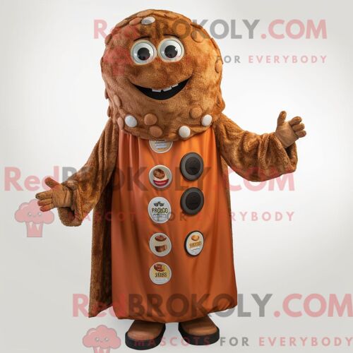 Costume Mascotte Redbrokoly De Falafel Rouille Personnage Habillé D Un Manteau Et De Boucles D Oreilles