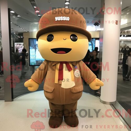 Costume Mascotte Redbrokoly De Soupe Miso Marron Personnage Habillé D Un Pantalon Et De Bérets