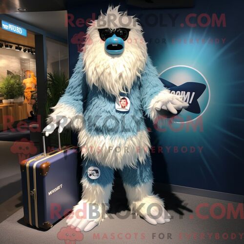 Costume De Mascotte Redbrokoly De Yéti Bleu Marine Habillé Avec Un Short Et Des Porte-Documents