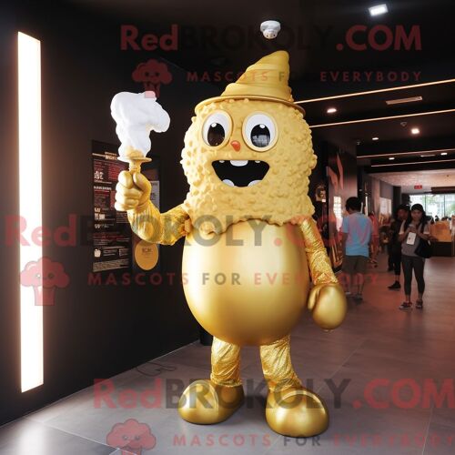 Costume Mascotte Redbrokoly De Crème Glacée Dorée Personnage Habillé D Un T-Shirt Et D Épingles À Cheveux
