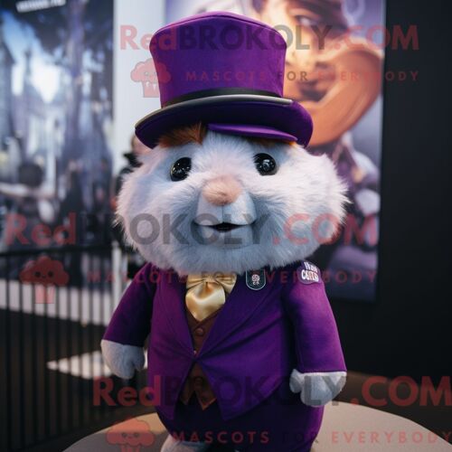 Costume De Mascotte Redbrokoly De Cochon D Inde Violet Habillé D Un Costume Et De Chapeaux