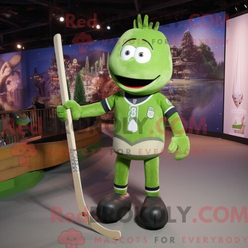 Personnage Mascotte Redbrokoly D Un Bâton De Hockey Sur Glace Olive Habillé D Un Pantalon De Jogging Et De Colliers