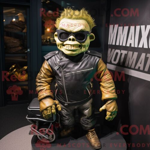 Personnage Mascotte Redbrokoly D Un Monstre De Frankenstein Doré Habillé D Une Veste De Moto Et De Sacs À Main