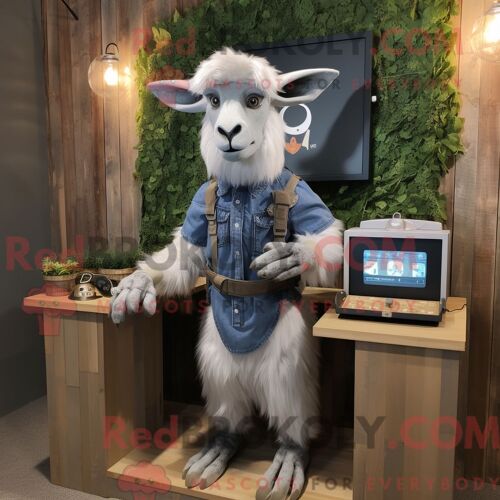 Personnage Mascotte Redbrokoly D Une Chèvre Angora Grise Habillée D Une Chemise Chambray Et De Montres Digitales
