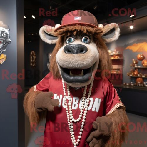 Personnage Mascotte Redbrokoly D Un Bison Habillé D Un T-Shirt De Baseball Et De Colliers