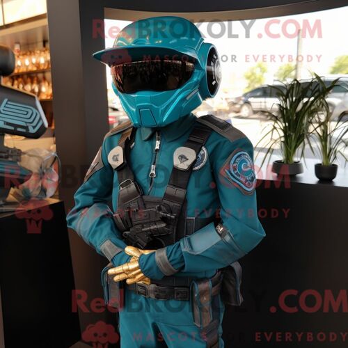 Personnage Mascotte Redbrokoly D Un Commando Bleu Sarcelle Habillé D Une Veste De Moto Et D Épingles À Cravate