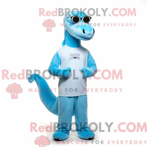 Costume Mascotte Redbrokoly De Brachiosaure Bleu Ciel Personnage Habillé Avec Un Pantalon De Jogging Et Des Lunettes De Lecture