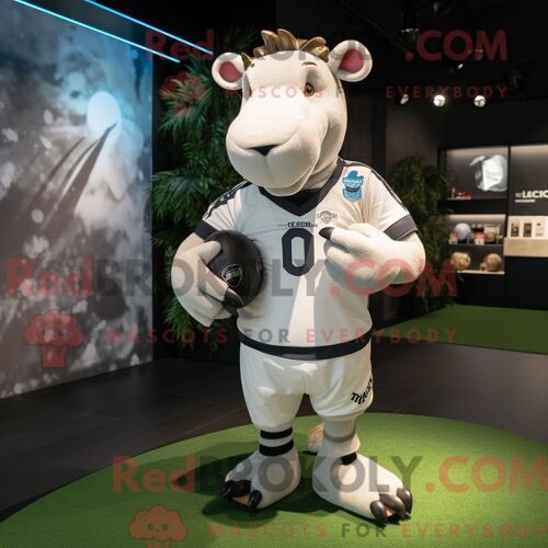 Costume Mascotte Redbrokoly De Tapir Blanc Personnage Habillé D Une Chemise De Rugby Et De Montres Bracelet