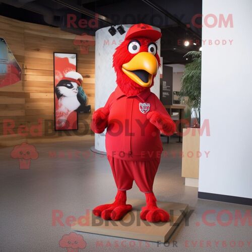 Costume De Mascotte Redbrokoly De Perroquet Rouge Habillé D Un Pantalon Habillé Et De Lacets De Chaussures