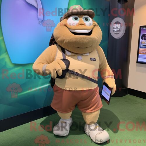 Personnage De Costume De Mascotte Redbrokoly De Sac De Golf Beige Habillé Avec Un Short De Course Et Des Montres Intelligentes
