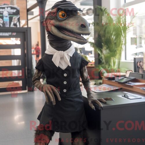 Costume Mascotte Redbrokoly De Velociraptor Noir Personnage Habillé Avec Une Jupe Crayon Et Des Bretelles