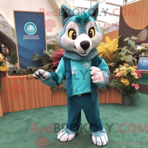 Costume De Mascotte Redbrokoly De Loup Sarcelle Habillé D Un T-Shirt À Manches Longues Et De Pochettes De Costume