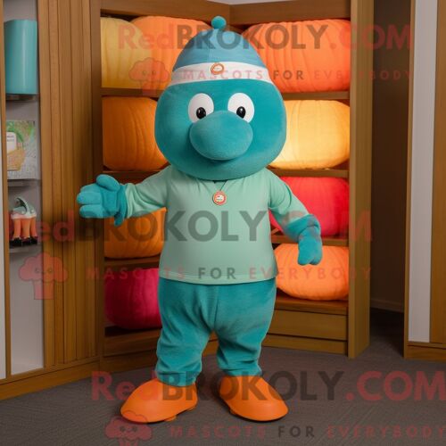Costume De Mascotte Redbrokoly D Abricot Turquoise Habillé D Un T-Shirt Henley Et De Bonnets