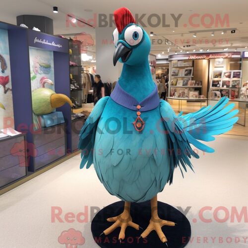 Costume De Mascotte Redbrokoly De Faisan Turquoise Habillé D Une Jupe Crayon Et D Anneaux