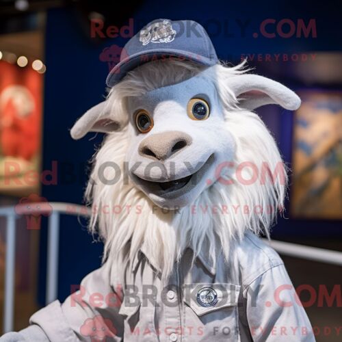 Costume De Mascotte Redbrokoly De Chèvre Angora Argentée Personnage Habillé Avec Une Chemise Boutonnée Et Des Casquettes