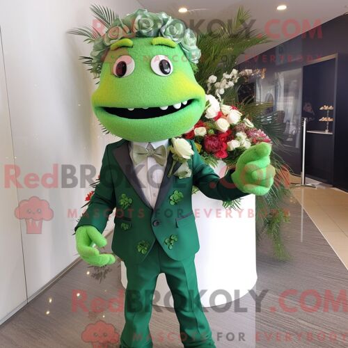 Personnage De Costume De Mascotte Redbrokoly De Gâteau De Mariage Vert Habillé D Une Veste De Costume Et De Montres-Bracelets