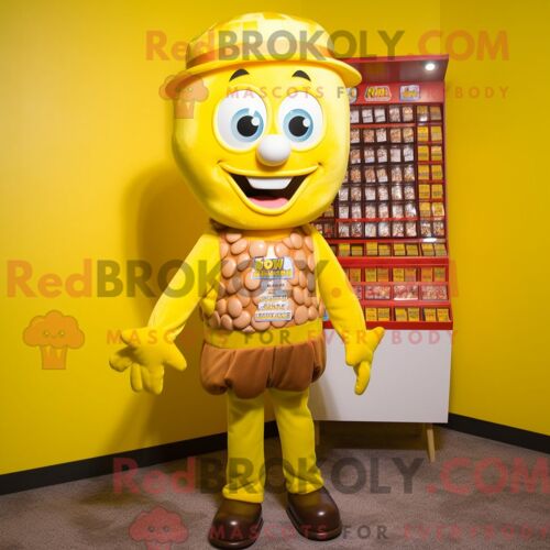 Costume De Mascotte Redbrokoly De Boîte À Bonbons Jaune Personnage Habillé D Une Salopette Et D Un Porte-Monnaie