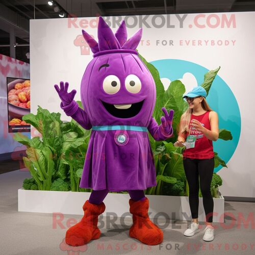Mascotte Redbrokoly De Betterave Violette Habillée D Une Combishort Et De Montres