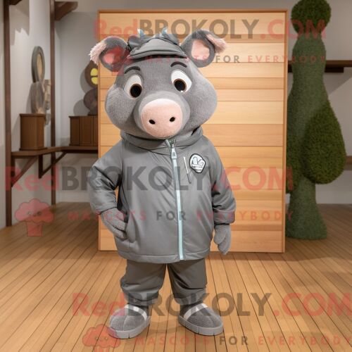 Costume Mascotte Redbrokoly De Truie Grise Habillé D Un Coupe-Vent Et De Lacets De Chaussures