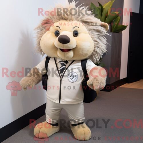 Mascotte Redbrokoly De Porc-Épic Beige Personnage Habillé Avec Un Costume Et Des Lacets De Chaussures