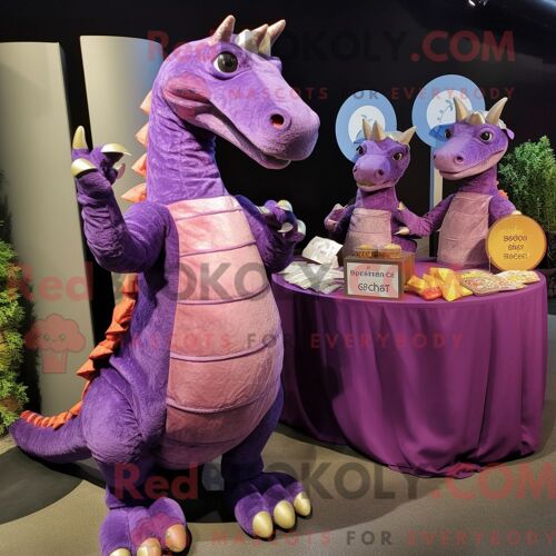 Costume De Mascotte Redbrokoly De Parasaurolophus Violet Habillé D Une Robe Et D Un Porte-Monnaie