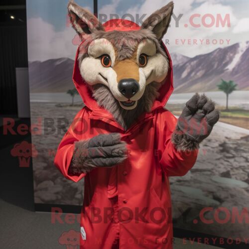 Personnage Mascotte Redbrokoly D Un Loup Rouge Habillé D Un Imperméable Et De Ceintures De Smoking