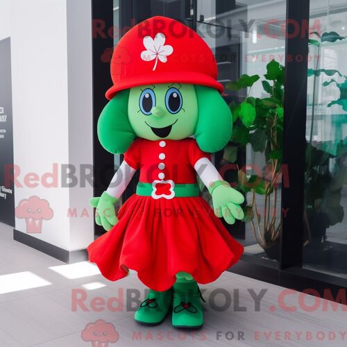 Personnage Mascotte Redbrokoly D Un Trèfle À Quatre Feuilles Rouge Habillé D Une Jupe Et De Casquettes