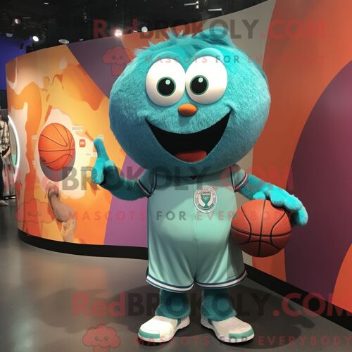 Personnage Mascotte Redbrokoly D Un Ballon De Basket Bleu Sarcelle Habillé D Une Chemise Boutonnée Et D Un Porte-Monnaie