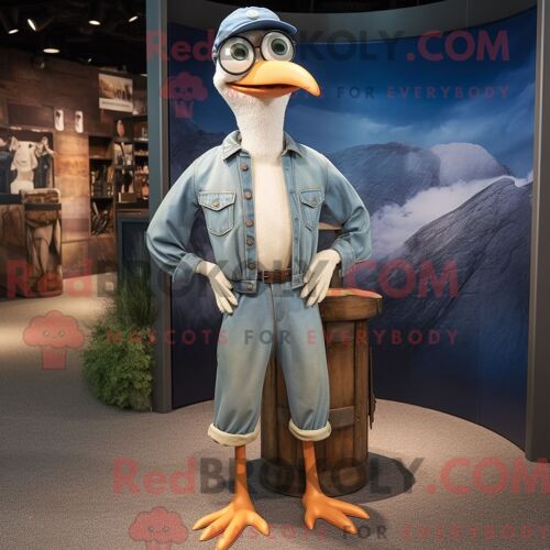 Personnage Mascotte Redbrokoly D Une Mouette Beige Habillée D Une Chemise En Jean Et De Lunettes