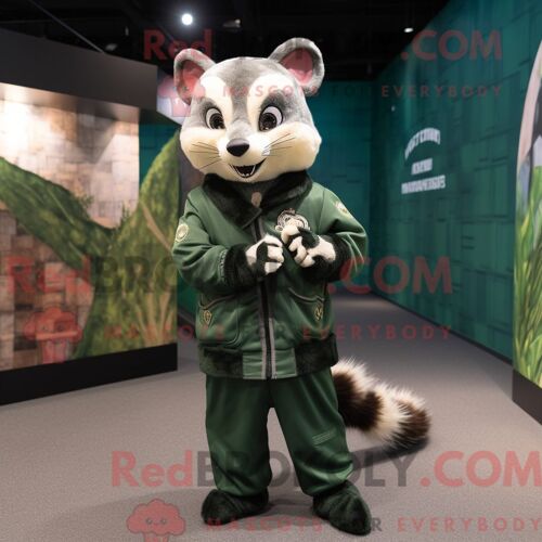 Personnage Mascotte Redbrokoly D Une Civette Verte Forêt Habillée D Un Blouson Aviateur Et De Lacets De Chaussures