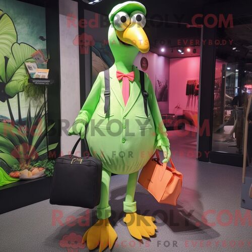 Personnage Mascotte Redbrokoly D Un Flamant Vert Citron Habillé D Une Salopette Et De Porte-Documents