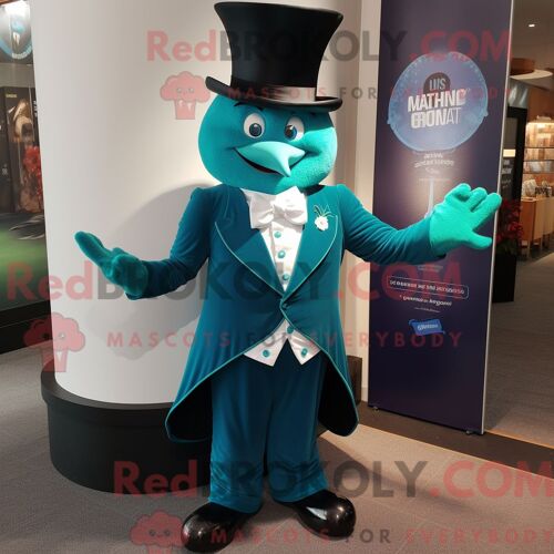 Costume Mascotte Redbrokoly De Magicien Bleu Sarcelle Habillé D Un Gilet Et De Boutons De Manchette