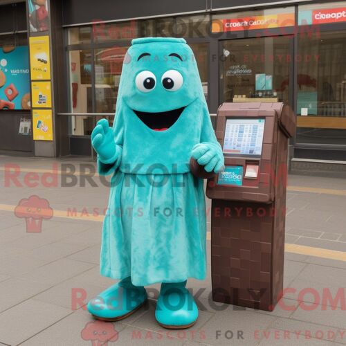 Costume Mascotte Redbrokoly De Barre De Chocolat Turquoise Personnage Habillé Avec Une Robe Longue Et Des Mitaines