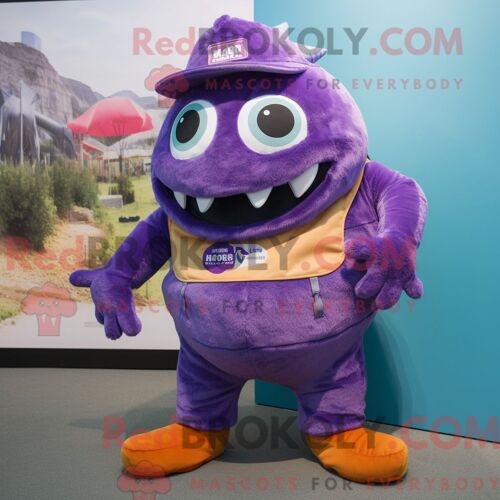 Costume De Mascotte Redbrokoly De Piranha Violet Personnage Habillé D Une Salopette Et De Pochettes