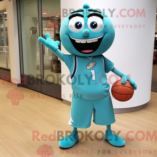 Personnage Mascotte Redbrokoly D Un Ballon De Basket Bleu Sarcelle Habillé D Une Chemise Boutonnée Et D Un Porte-Monnaie