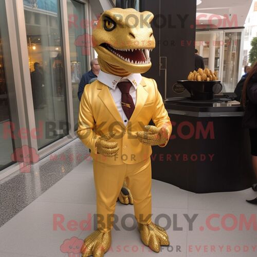 Personnage Mascotte Redbrokoly D Un T Rex Doré Habillé D Une Veste De Costume Et De Porte-Clés