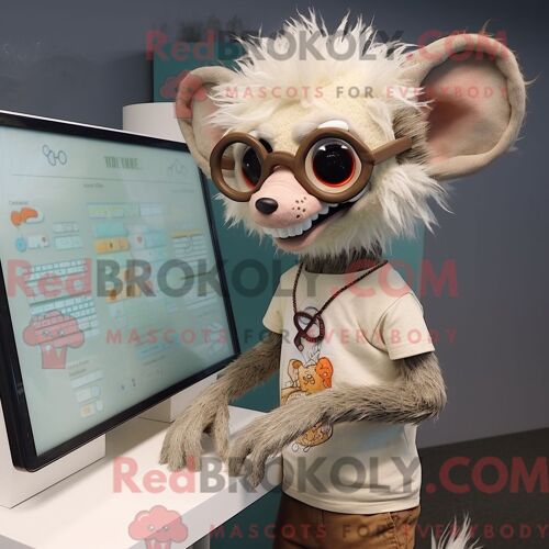 Personnage Mascotte Redbrokoly D Un Aye-Aye Beige Habillé D Une Barboteuse Et De Lunettes De Lecture